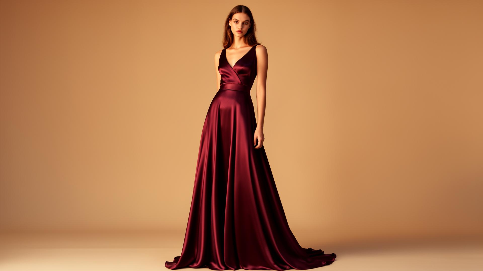 Model wearing burgundy silk gown